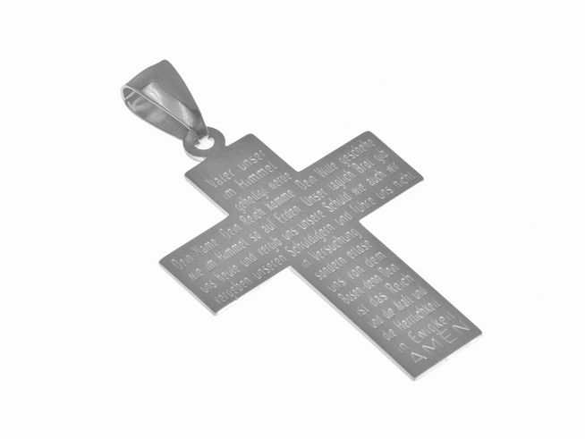 Kreuz mit dem Vater Unser, Weißgold 333 mattiert, Anhänger von Juwelier Harnisch, zeigt die gravierte Textpassage des Gebets, elegantes und religiöses Schmuckstück.