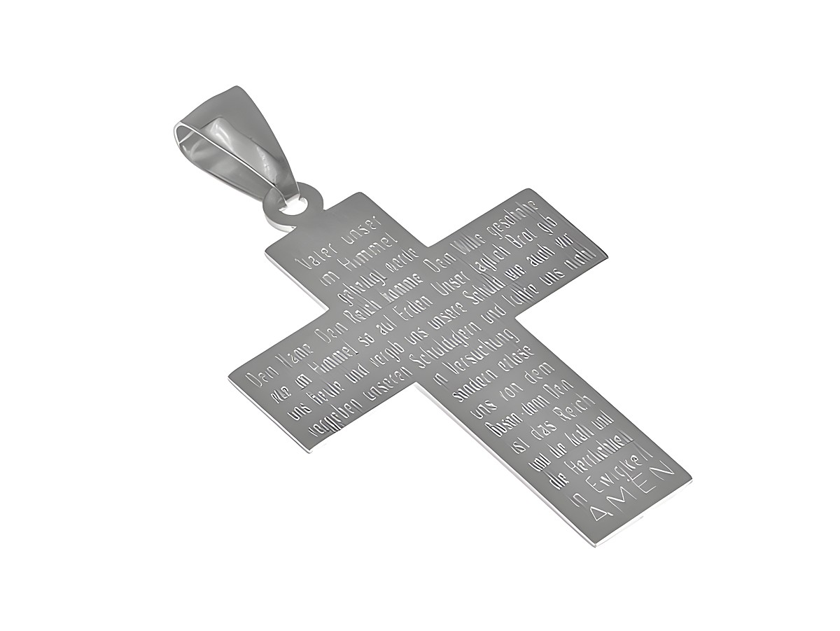 Kreuz mit dem Vater Unser, Weißgold 333 mattiert, Anhänger von Juwelier Harnisch, zeigt die gravierte Textpassage des Gebets, elegantes und religiöses Schmuckstück.