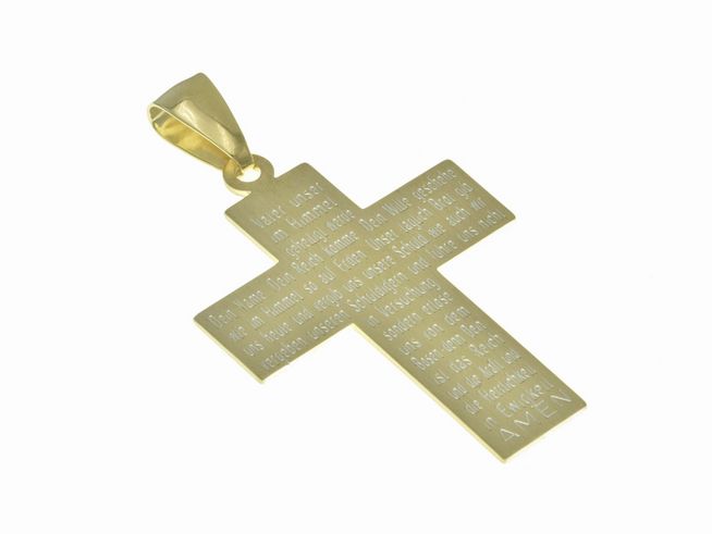 Kreuz mit dem Text Vater Unser aus Gold 585 mattiert, klassischer Anhänger, Hersteller Juwelier Harnisch. Elegantes Design für spirituelle Anhänger und Schmuckliebhaber.