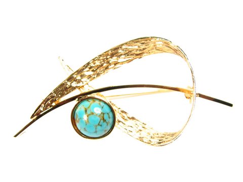 60398-0 Vergoldete Brosche City 58x27mm mit schönem türkisfarbenem Imitat von Juwelier Harnisch, mit elegantem Design und Türkis-Look. Ideal für stilvolle Akzente.