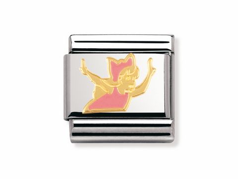 Auf dem Bild ist ein Charm von Nomination zu sehen, der Classic Wendy aus Peter Pan in gold und rosa zeigt. Der Charm ist glänzend und hat eine silberne Metallfassung.