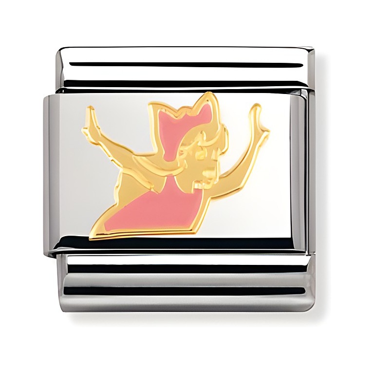 Auf dem Bild ist ein Charm von Nomination zu sehen, der Classic Wendy aus Peter Pan in gold und rosa zeigt. Der Charm ist glänzend und hat eine silberne Metallfassung.