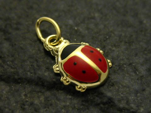 Marienkäfer emaillierter Gold Anhänger von Juwelier Harnisch, bunter Kinderschmuck mit rotem und schwarzem Design, perfekt für stilvolle Kinderaccessoires.