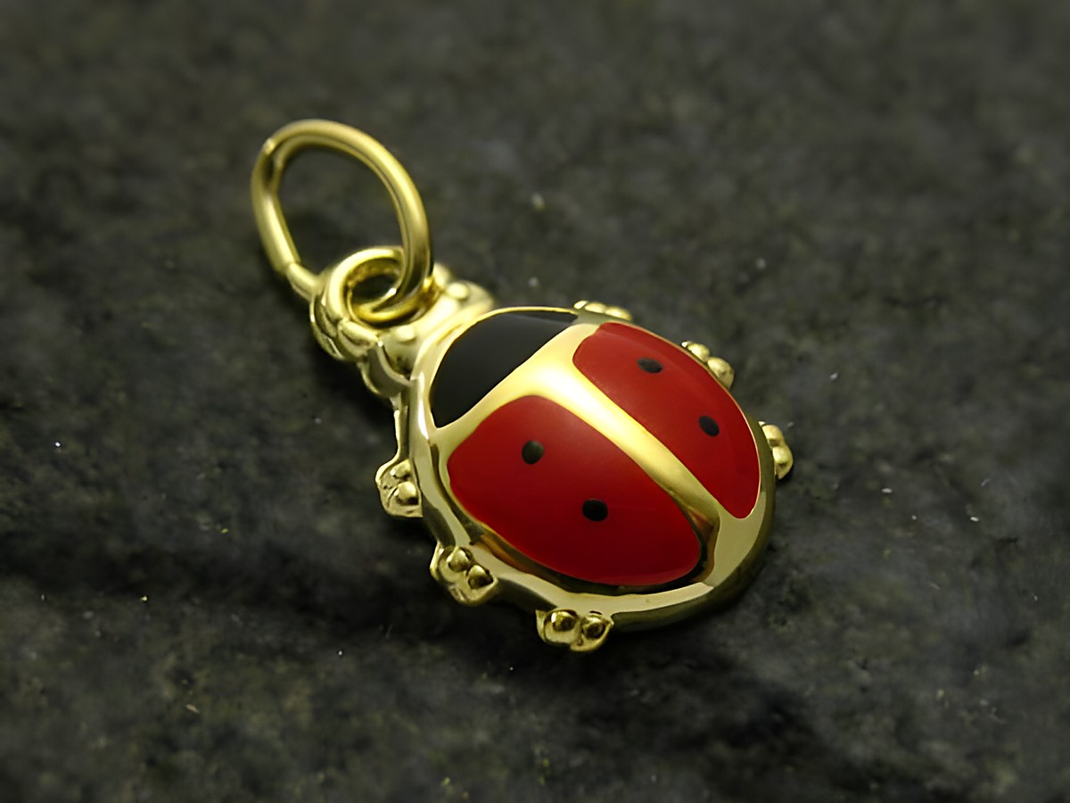 Marienkäfer emaillierter Gold Anhänger von Juwelier Harnisch, bunter Kinderschmuck mit rotem und schwarzem Design, perfekt für stilvolle Kinderaccessoires.