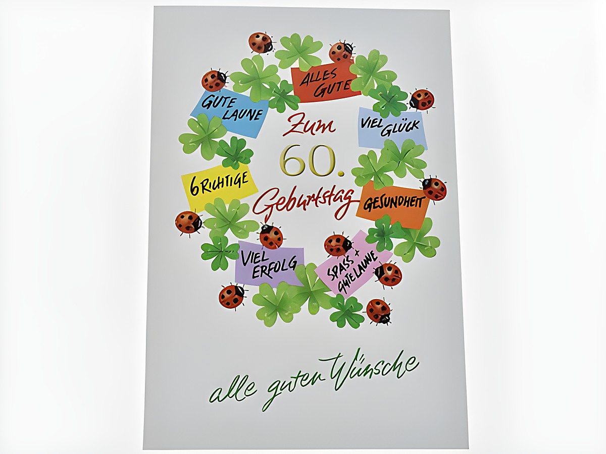 Geburtstagskarte für den 60. Geburtstag mit Glücksklee und Marienkäfern, beschriftet mit Wünschen wie Gute Laune, viel Glück und Gesundheit, Hersteller Juwelier Harnisch.