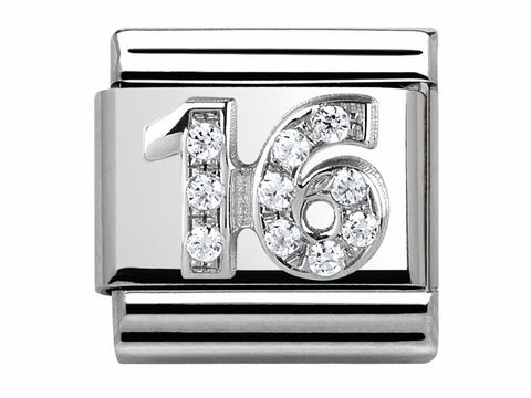 Silberner Charm mit der Zahl 16, verziert mit Zirkonia, aus der Serie Classic von Nomination, für Silvershine Motive geeignet.