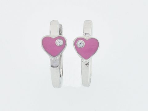 Creolen aus rhodiniertem Silber mit süßem Herzdesign in Lack und Glas, verziert mit einem funkelnden Stein, ideal für Kinder und hergestellt von Juwelier Harnisch.