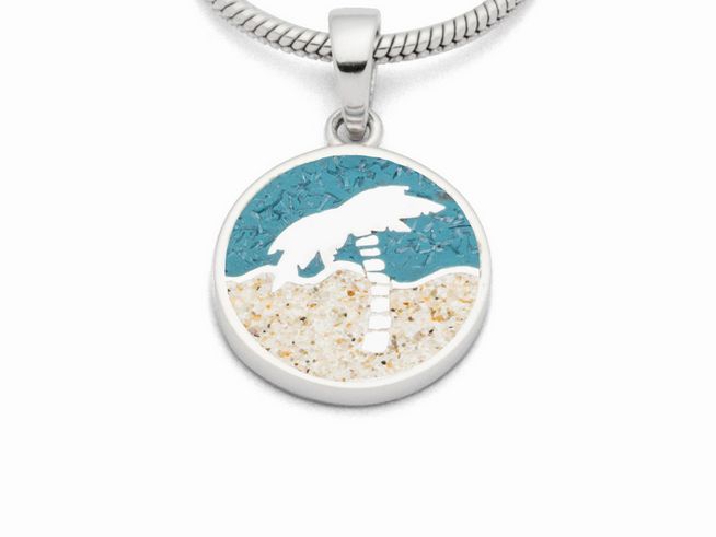 DUR Anhänger Palme P4332 aus Sterling Silber zeigt eine runde Oberfläche mit einer stilisierten Palme, turquoise Hintergrund und sandfarbener Unterlage, ideal für sommerliche Akzente.