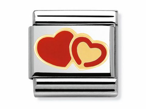Doppeltes Herz Charm aus der Elegance Collection von Nomination in der Farbe Rot und Gold, gefertigt aus hochwertigem Edelstahl, ideal für Armbänder und Schmuckliebhaber.