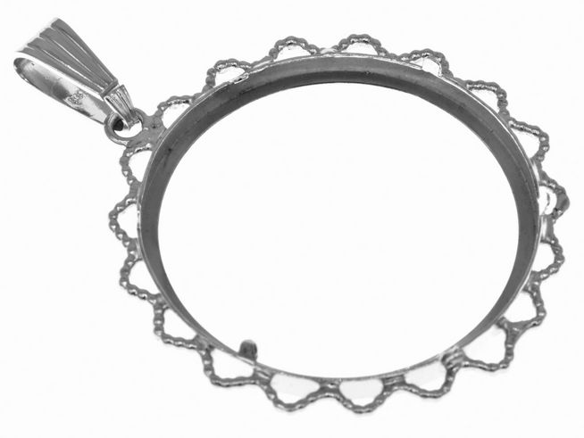 Münzfassung Anhänger aus echt Silber rhodiniert mit Blütenkordel, passend für Münzen bis 3,0 cm Durchmesser, Hersteller Juwelier Harnisch, maximaler Durchmesser 27,9 mm.