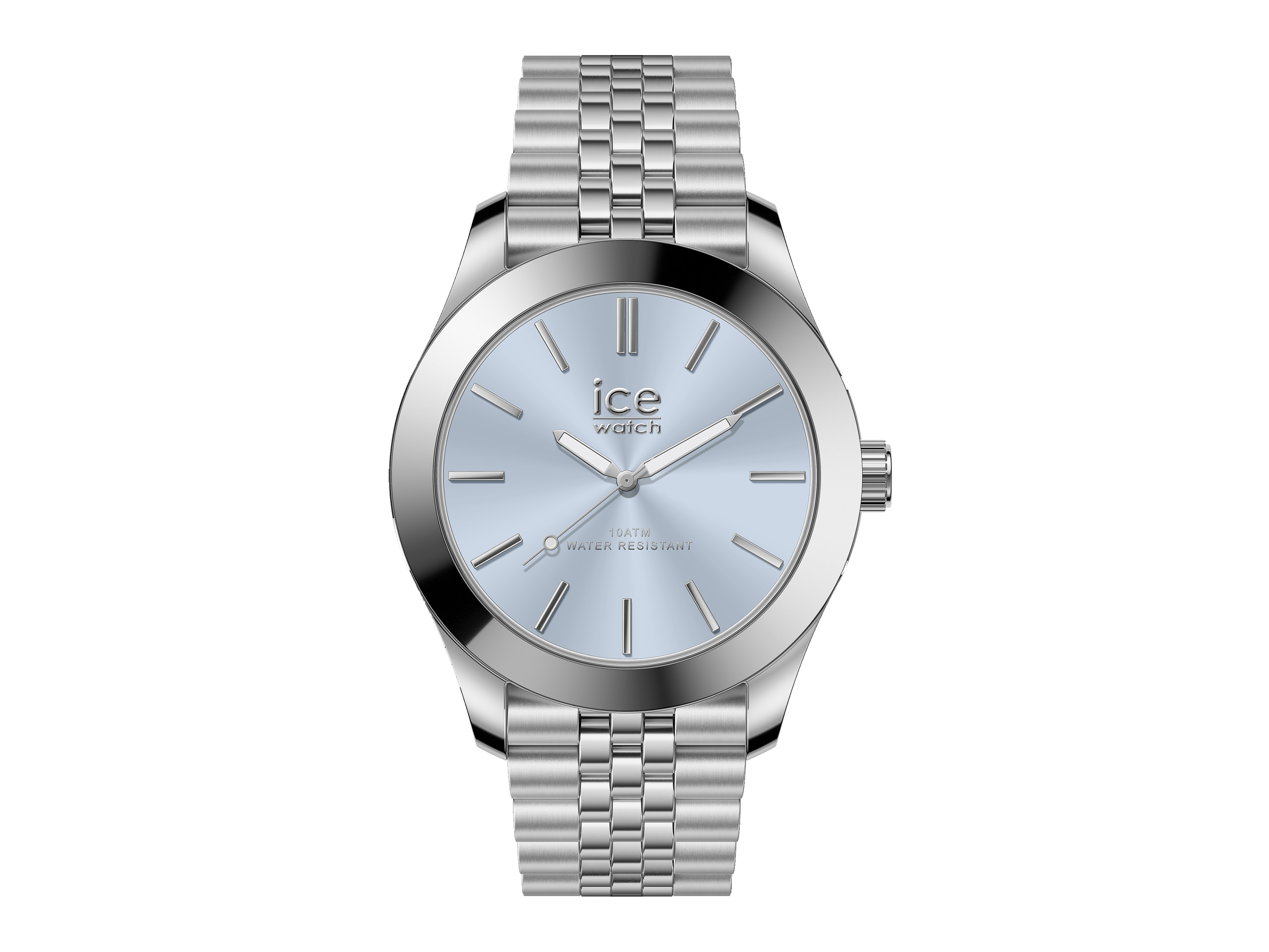 Die Ice Watch 024744 ICE steel in hellblau mit silbernem Armband hat ein elegantes, modernes Design und ein minimalistisches Ziffernblatt mit klaren Linien und einer wasserfesten Funktion.