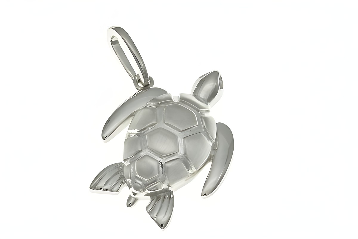 Schildkröte Anhänger aus rhodiniertem Sterling Silber, detailreiche Darstellung mit klaren Linien und glatter Oberfläche, ideal für Tierliebhaber und Schmuckenthusiasten, Hersteller Juwelier Harnisch.