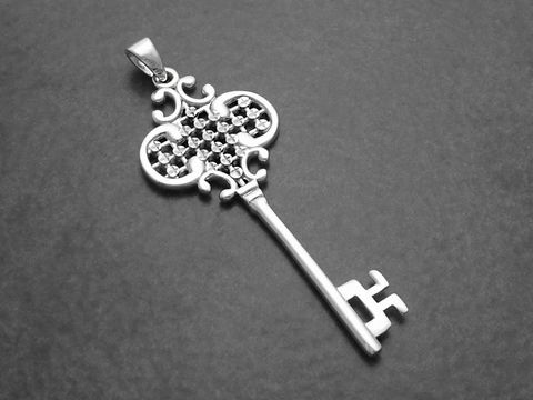 Sterling Silber Anhänger in Form eines Schlüssels, 41 mm, rhodiniert, Hersteller Juwelier Harnisch, detailreiche Gestaltung mit elegantem Design.