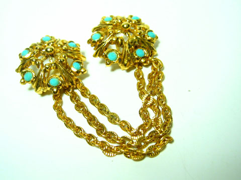 60353-0 Feine Damen Brosche Wunderschön türkis NEU Hersteller Juwelier Harnisch Broschen Türkis Look mit goldfarbenem Design und eleganten Kettenelementen. Ideal für besondere Anlässe und als Blickfang.