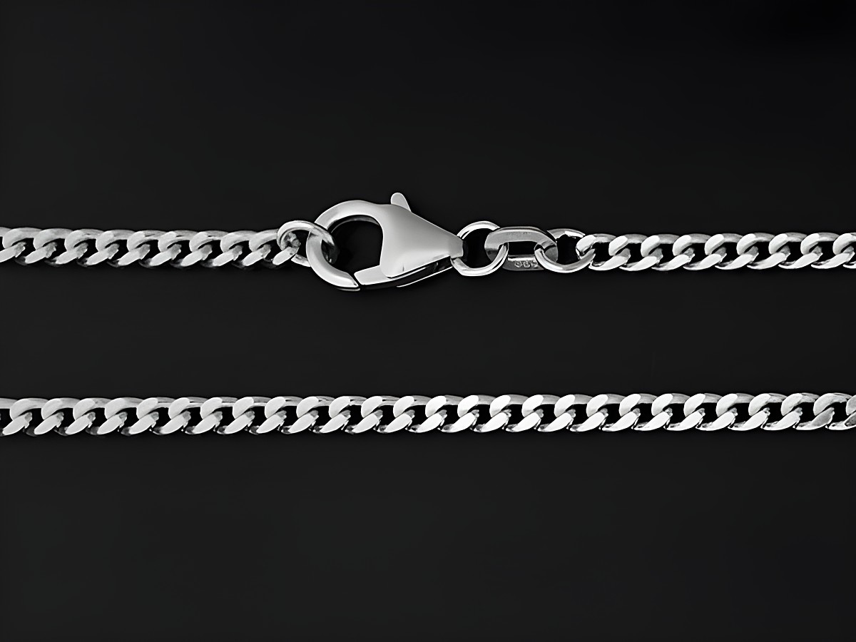 Weißgoldkette 585 Panzerkette mit einer Länge von 50 cm und einer Drahtstärke von 80, Hersteller Juwelier Harnisch, 585 und 750. Die Kette zeigt eine elegante, glänzende Oberfläche und einen praktischen Karabinerverschluss.
