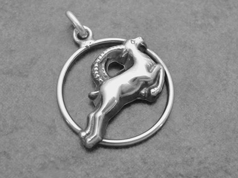 Silber geschwärzt Anhänger mit dem Sternzeichen Steinbock, rund formschöner Schmuck des Herstellers Juwelier Harnisch, sorgfältig gestaltet für Liebhaber von astrologischen Motiven.