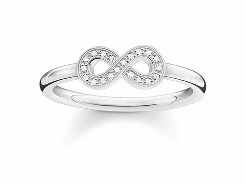 Silberner Ring von Thomas Sabo mit einem unendlichen Zeichen, besetzt mit weißen Diamanten, Größe 54. Elegant und zeitloses Schmuckstück für besondere Anlässe.