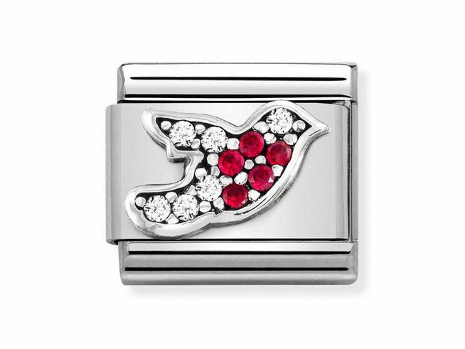 433032302-0 Nomination Classic Sterling Silber 330323 02 zeigt einen stilisierten Vogel aus glänzendem Silber, besetzt mit roten und klaren Zirkonia. Ein elegantes Schmuckstück von Silvershine Motive.
