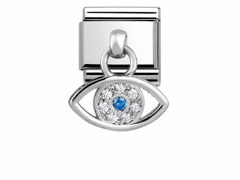 Silberner Charm in Form eines griechischen Auges mit Zirkonia und einem blauen Stein in der Mitte, ideal für Schmuckliebhaber und als modisches Accessoire.