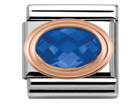 Edelstahl Zirkonia Armbandglied in klassischem Design mit einem facettierten blauen Stein, umrandet von einem Roségoldband, ideal für stilvolle Akzente im Schmucktragen.