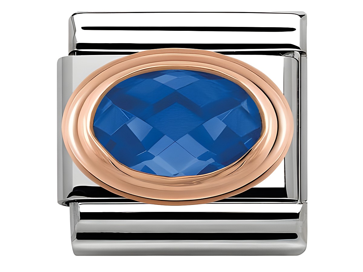 Edelstahl Zirkonia Armbandglied in klassischem Design mit einem facettierten blauen Stein, umrandet von einem Roségoldband, ideal für stilvolle Akzente im Schmucktragen.