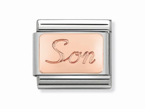Nomination 430108 07 Classic Son Schriftzug in Roségold mit silberner Fassung, ideal als Schmuckstück für persönliche Bedeutungen oder als Geschenk.