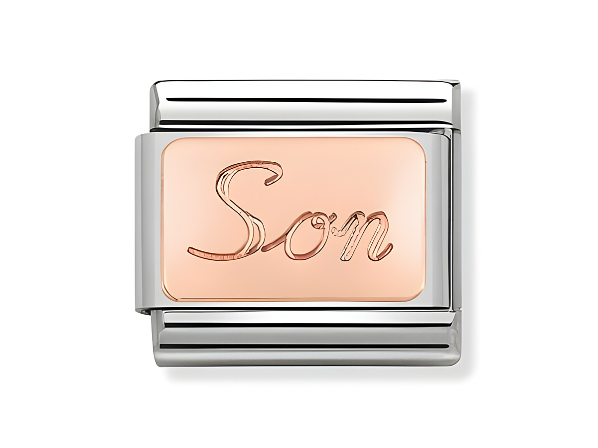 Nomination 430108 07 Classic Son Schriftzug in Roségold mit silberner Fassung, ideal als Schmuckstück für persönliche Bedeutungen oder als Geschenk.
