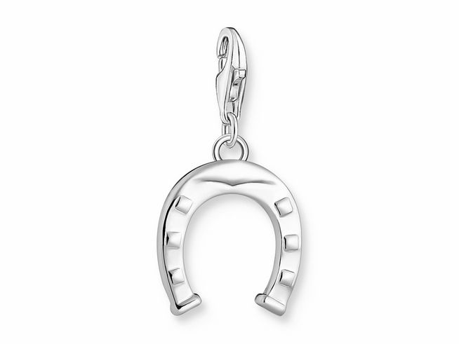 Charm Hufeisen aus Sterling Silber von Thomas Sabo, glänzende Oberfläche mit kleinen Details, ideal als Glücksbringer für Schmuckstücke, verspricht positive Energie und Stil.