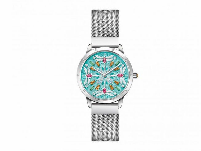 Thomas Sabo Damenuhr WA0368-201-215-33 mm im Libellendesign mit türkisem Ziffernblatt und bunten Akzenten, silbernes Gehäuse und elegantes Armband aus Metall.