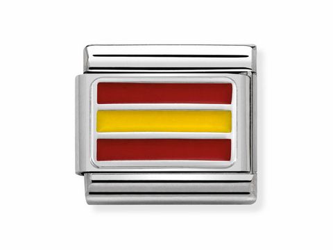 Ein kompositionsfähiges Klassik-Element von Nomination mit der Flagge Spaniens, bestehend aus rot-gelben Streifen in einem silbernen Rahmen. Ideal für persönliche Schmuckstücke.