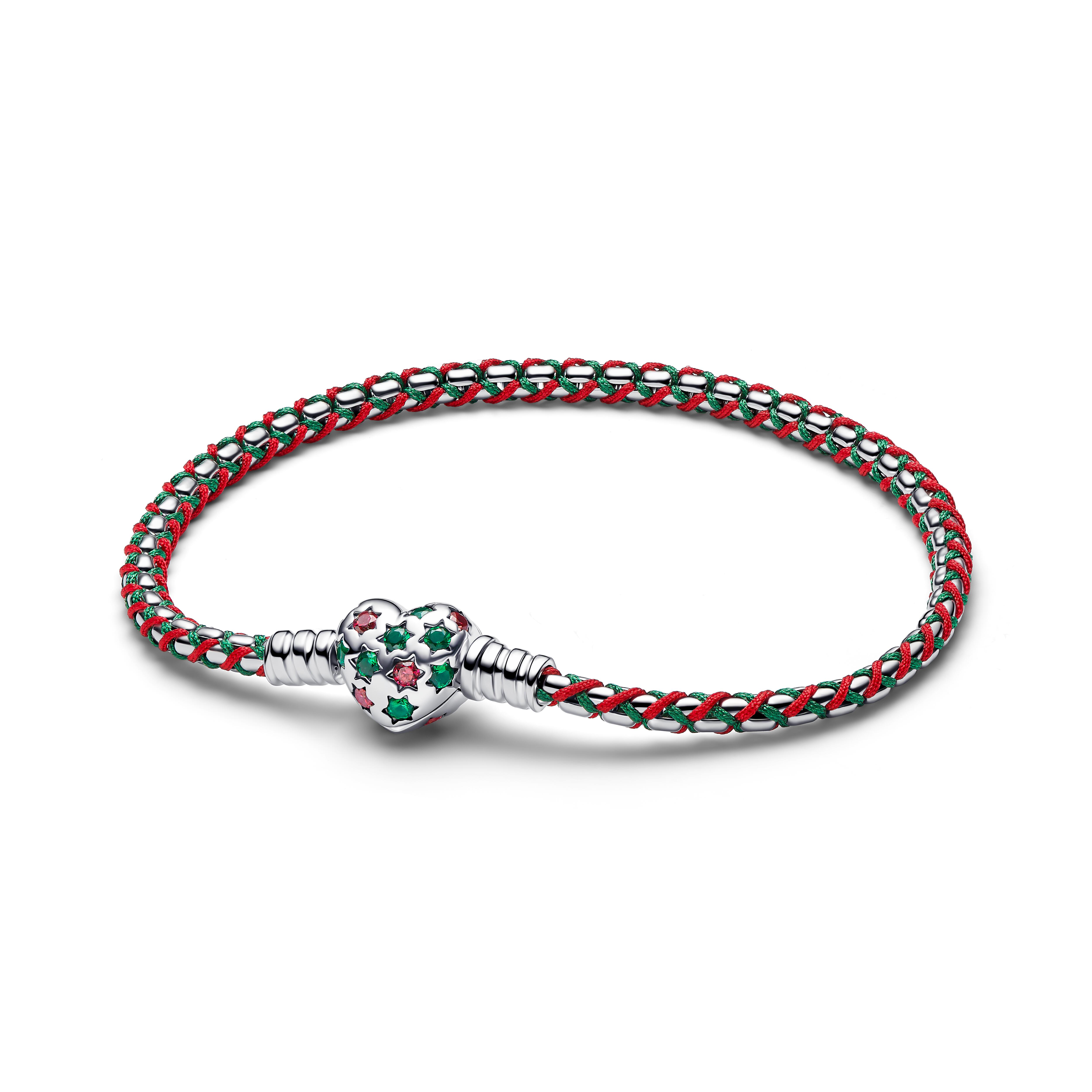 Pandora Armband - Pfefferminz Kordel - Grün & Rot - Herz Verschluß - Silber - 23 cm - 595068C01-23