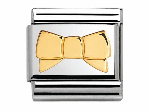Schmuckstück von Nomination mit einer silbernen Oberfläche und einer goldenen Schleife in der Mitte, Modell MADAME ET MONSIEUR, Art.-Nr. 030162 22, elegantes Design.