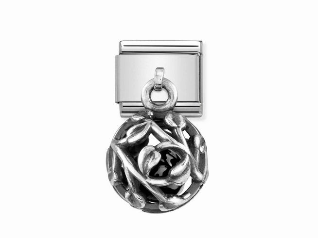 Kugel aus Sterling Silber mit floralem Design und einem schwarzen Achat in der Mitte, Hersteller Nomination, Charms, Modellnummer 331810 06.