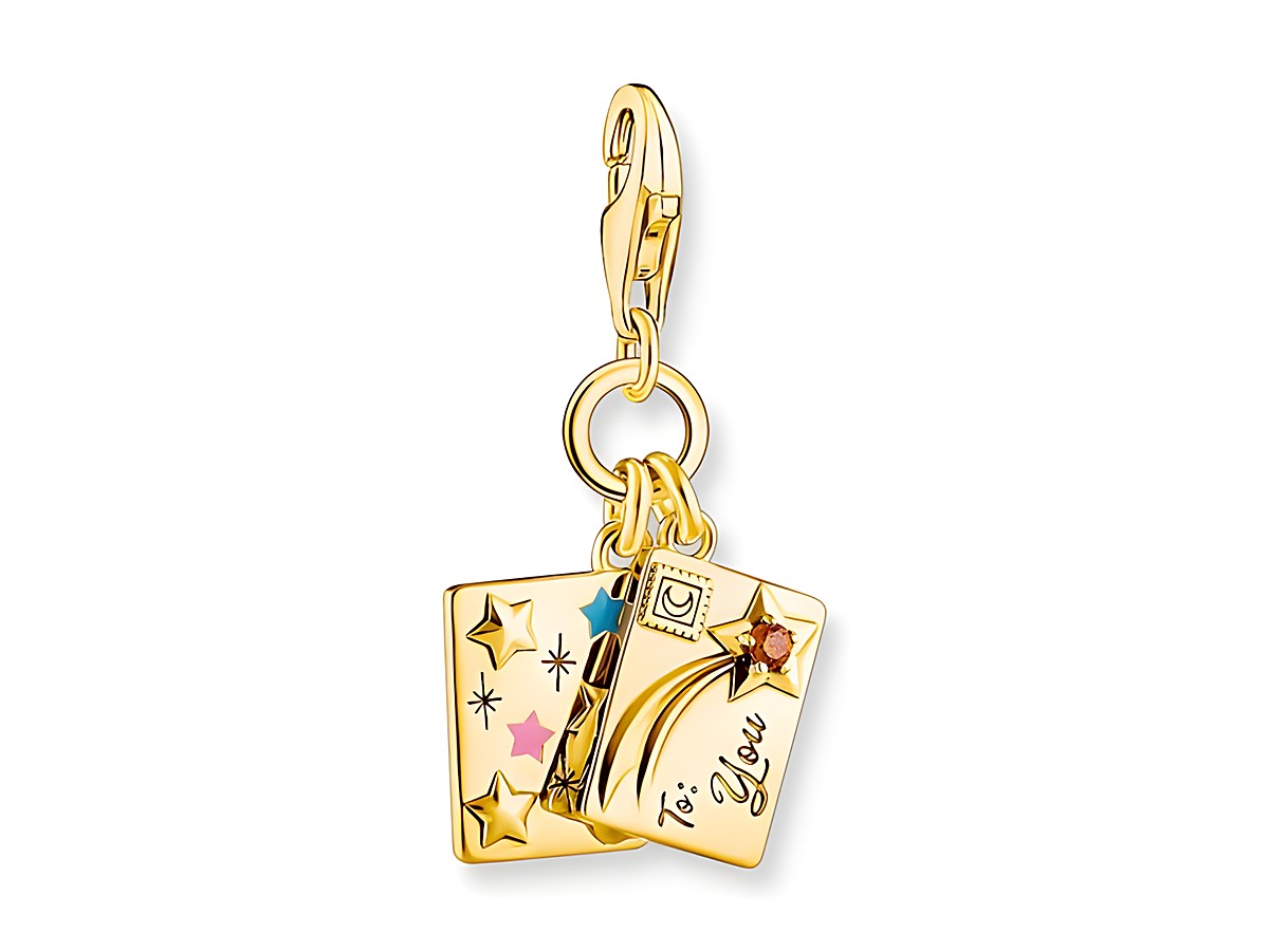 Charm-Anhänger in Silber mit Gelbgoldvergoldung, gestaltet als farbenfrohe Glückwunschkarte mit Schriftzug sowie funkelndem Zirkonia, ideal als persönliches Geschenk.