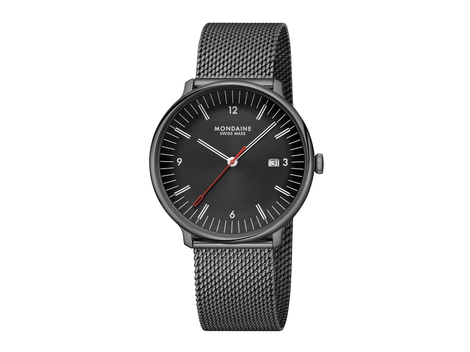 Mondaine Uhr MLE.41220.SM Doppio Anthrazit 41 mm mit schwarzem Ziffernblatt, roten Akzenten und Milanaise-Armband. Elegantes Design für moderne Ansprüche.