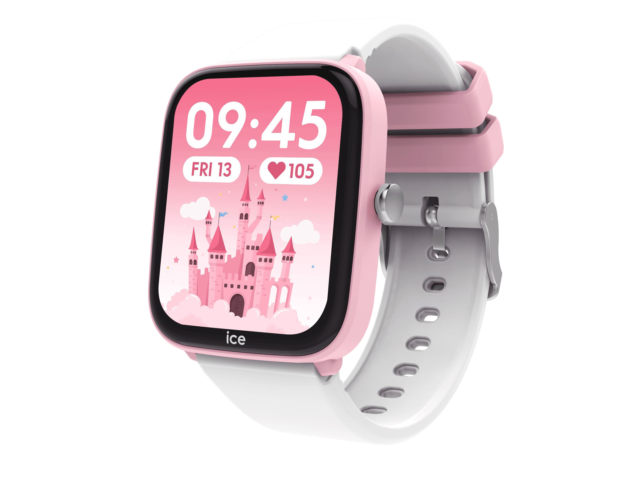 ICE Smart Junior 3.0 Smartwatch in Rosa und Weiß mit einem 1.75 Zoll Display, das ein pinkes Schloss-Motiv zeigt. Das Design ist kindgerecht und attraktiv für junge Nutzer.