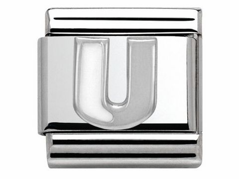 Ein silberner Buchstabe U aus Emaille in der Classic SilverShine Ausführung von Nomination, ideal für Armbänder und Schmuckgestaltungen, glänzendes, modernes Design.