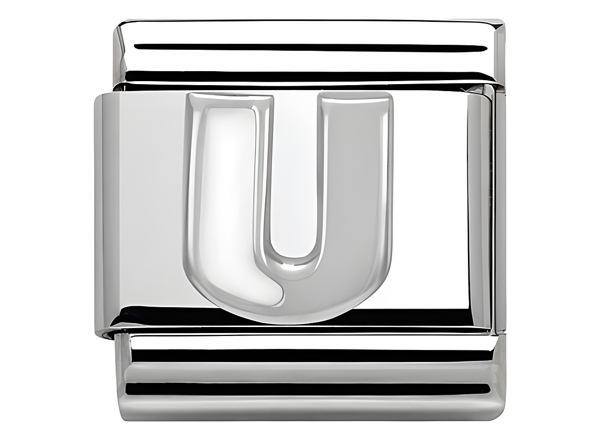 Ein silberner Buchstabe U aus Emaille in der Classic SilverShine Ausführung von Nomination, ideal für Armbänder und Schmuckgestaltungen, glänzendes, modernes Design.