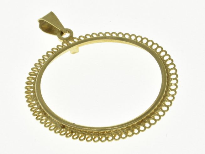 Elegante Münzfassung Anhänger aus 585 Gold mit einem maximalen Durchmesser von 26,4 mm, hergestellt von Juwelier Harnisch. Ideal für die individuelle Präsentation von Münzen.