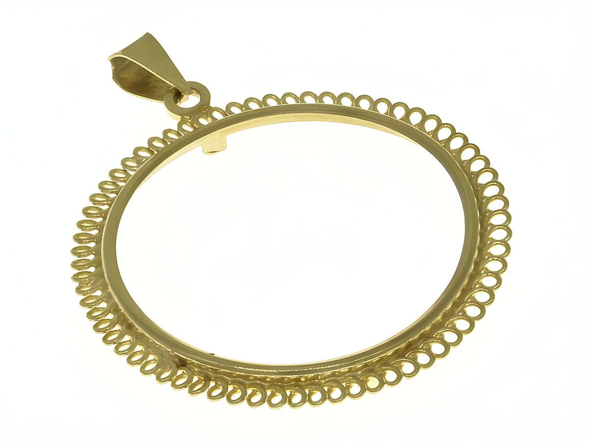 Elegante Münzfassung Anhänger aus 585 Gold mit einem maximalen Durchmesser von 26,4 mm, hergestellt von Juwelier Harnisch. Ideal für die individuelle Präsentation von Münzen.