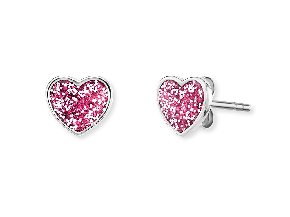 Ohrhänger von Herzengel in Herzform mit glitzerndem pinkem Kunststoff und silberner Fassung, ideal für glamouröse Akzente, modisch und verspielt, perfekt für jeden Anlass.