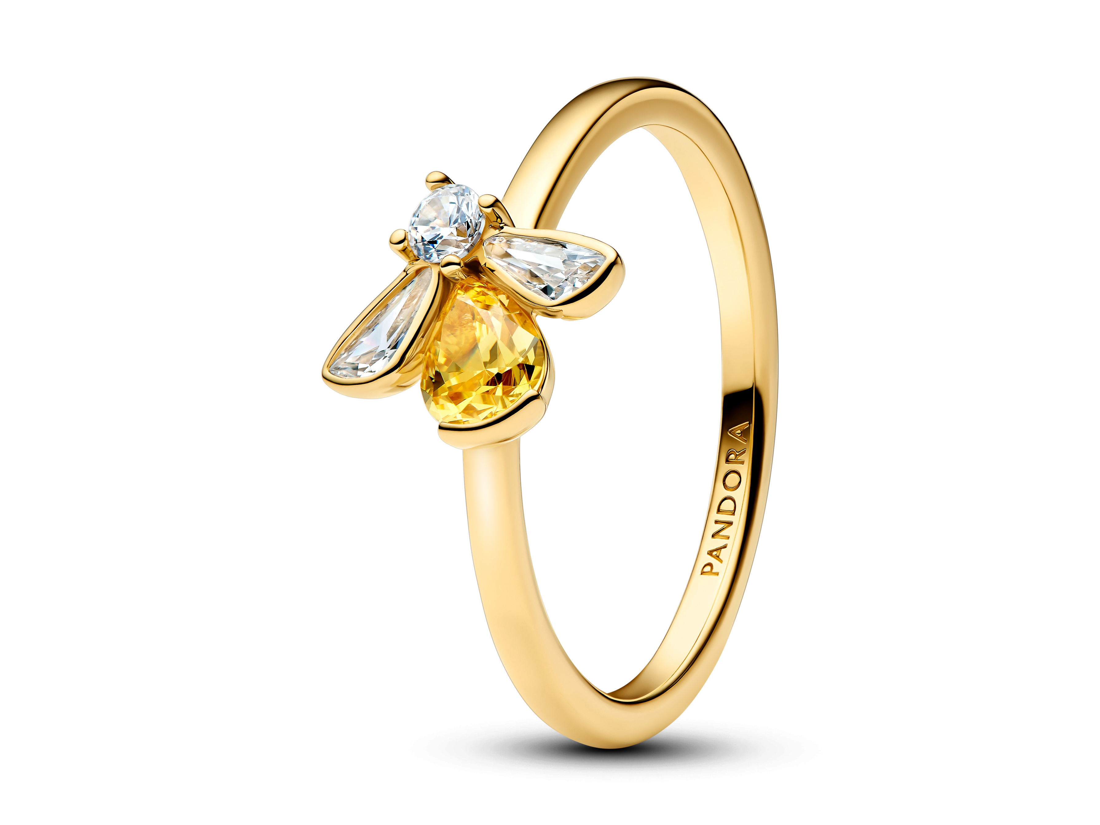Ring von Pandora in Gelbgoldvergoldung mit einem Honigbienenmotiv, besetzt mit Zirkonia und einer Größe von 48, ideal für einen besonderen Anlass oder als modisches Accessoire.