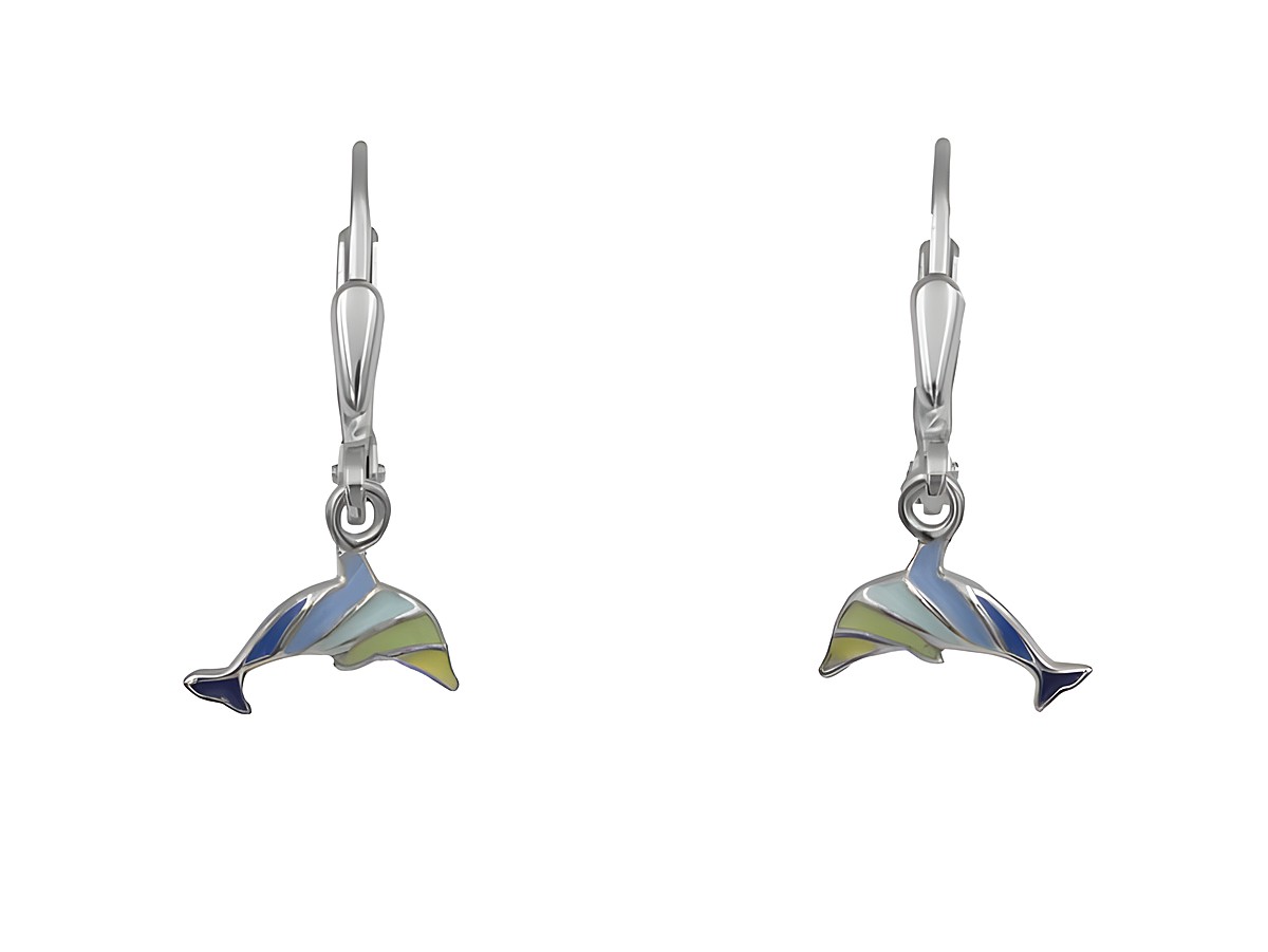 Ohrringe aus Sterling Silber mit rhodiniertem Finish, farbenfrohe Delfin-Designs, ideal für Kinder, hergestellt von Juwelier Harnisch, Ohrhänger in Lack bunt.
