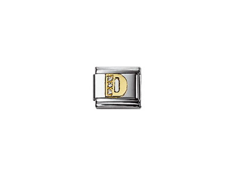 Zirkonia Buchstabe D im Classic Design von Nomination, gefertigt aus Edelstahl mit goldener Beschichtung und funkelnden Zirkonia-Steinen, ideal für Armbänder.