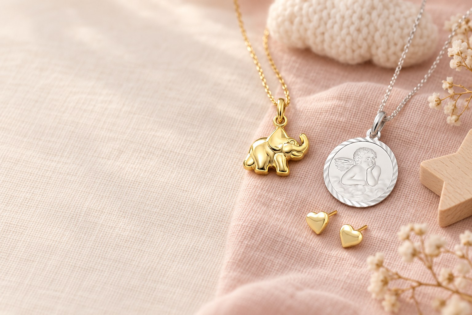 Kinderschmuck: Elefant-Anhänger aus Gold, Schutzengel-Anhänger aus Silber und Herz-Ohrstecker aus Gold auf hellem Leinen