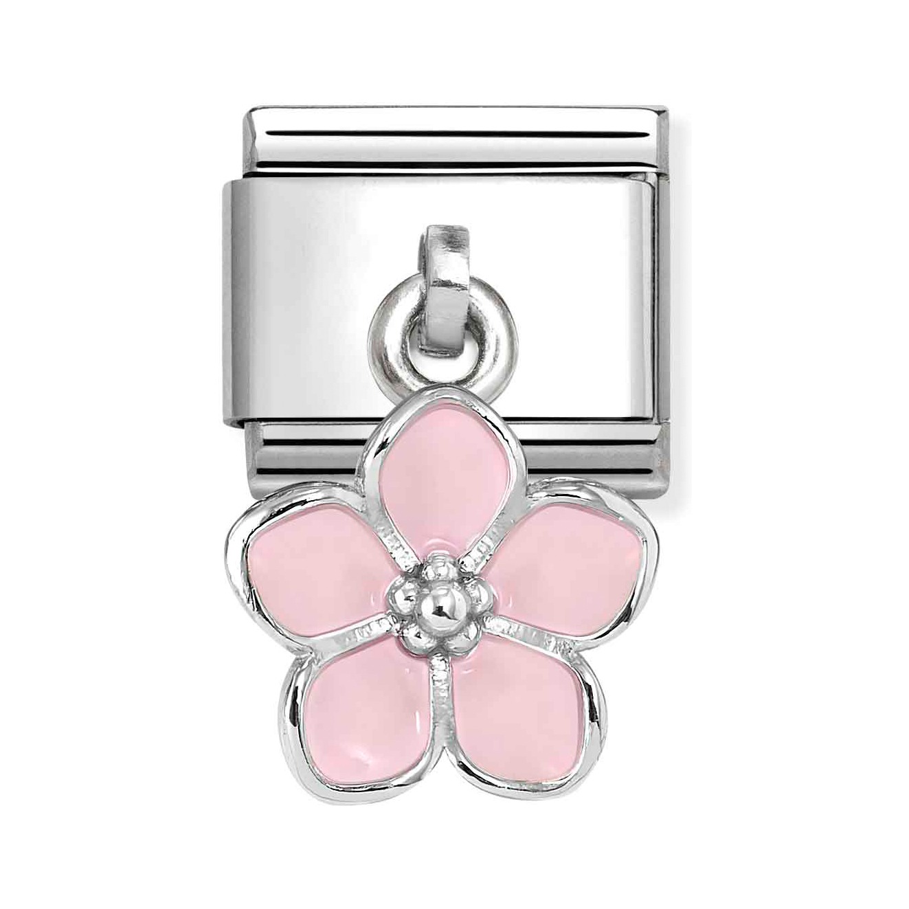 Charm-Anhänger aus Sterling Silber mit einer rosa Emaille-Blume und einem funkelnden Zentrum, ideal zur persönlichen Schmuckgestaltung.