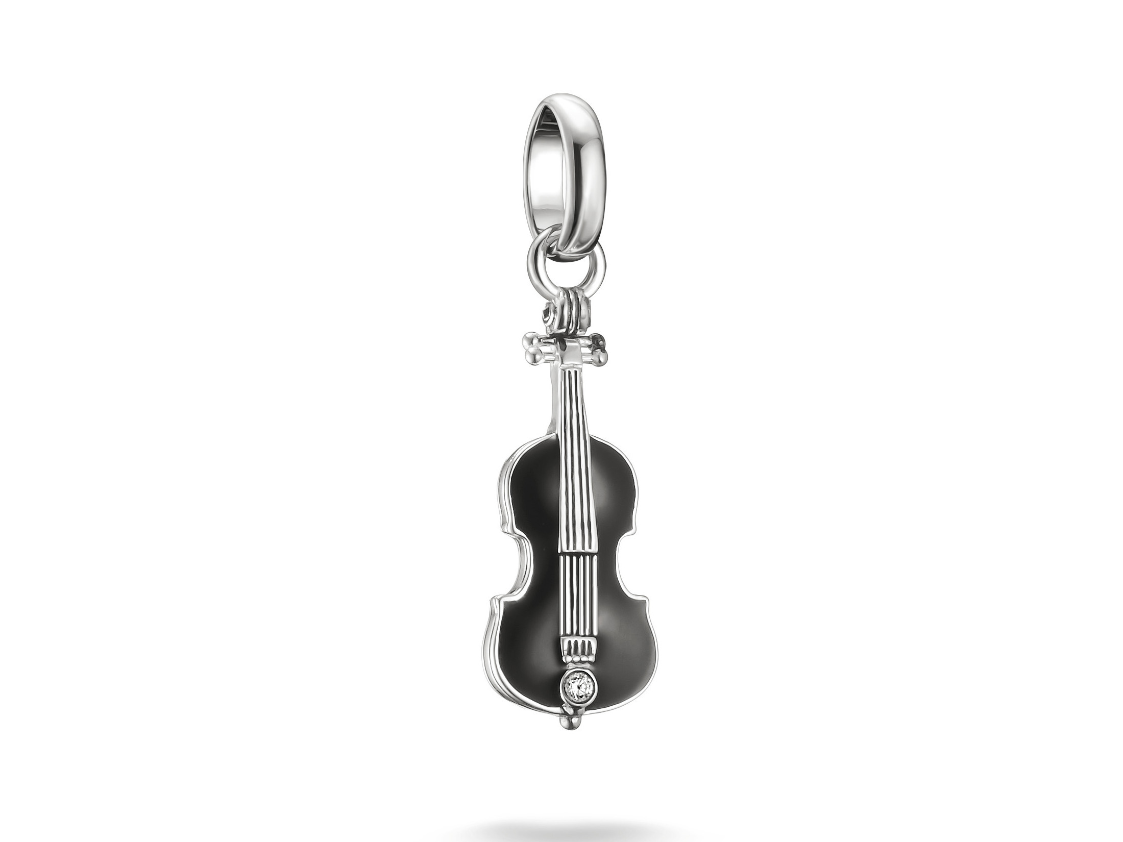 Ein silberner Charm in Form eines Cellos mit feinen Details und einer glitzernden Steinsetzung, passend zur Thomas Sabo Connect CC1312-691-11 Kollektion von Pandora.
