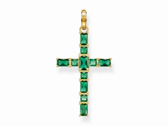 Anhänger von Thomas Sabo aus Silber vergoldet in Gelbgold mit grünem Glas-Keramik Stein in Kreuzform, elegantes Design mit funkelnden Details.