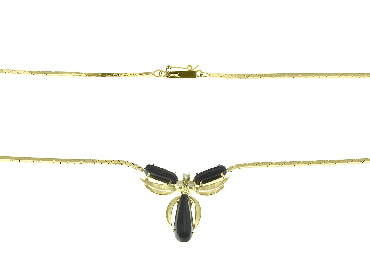 Collierkette mit Mittelteil aus 333 Gelbgold, verziert mit Onyx und Diamant, Länge 42 cm, Hersteller Juwelier Harnisch, eleganter Schmuck mit besonderem Design.