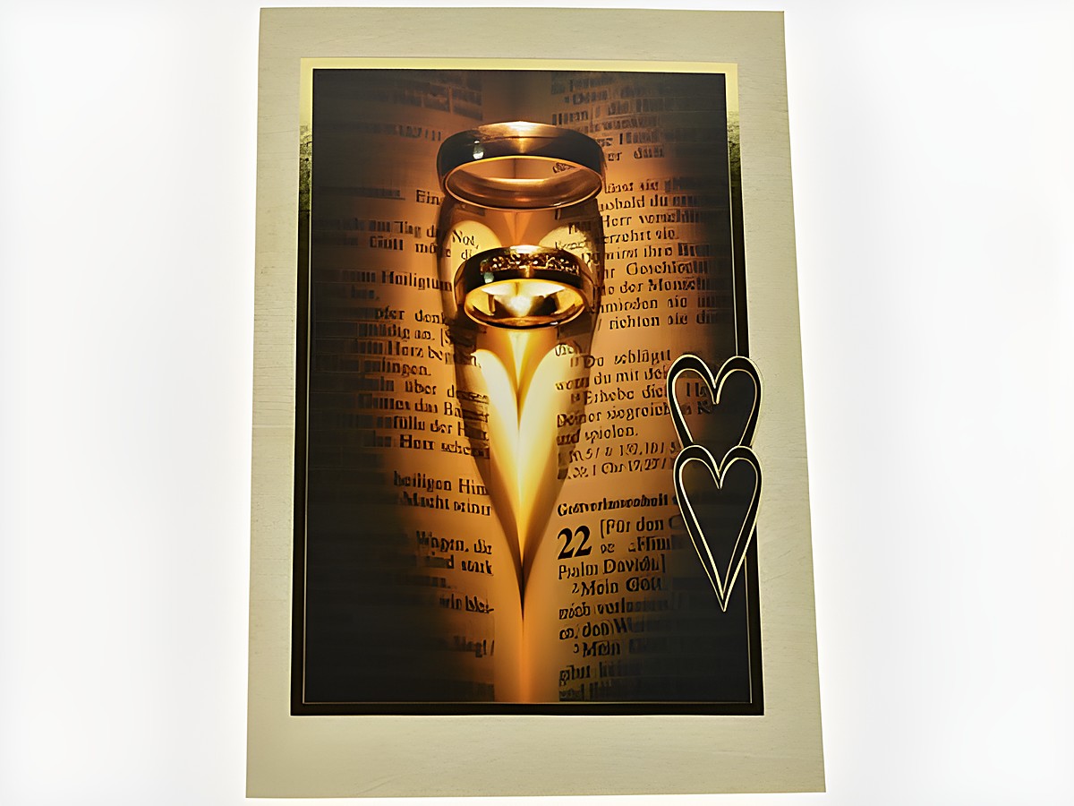 Eine elegante Hochzeitskarte mit goldenen Ringen, die schimmernd auf einer offenen Bibel liegen. Im Hintergrund ist ein Textausschnitt zu sehen, umrahmt von einem herzförmigen Design.